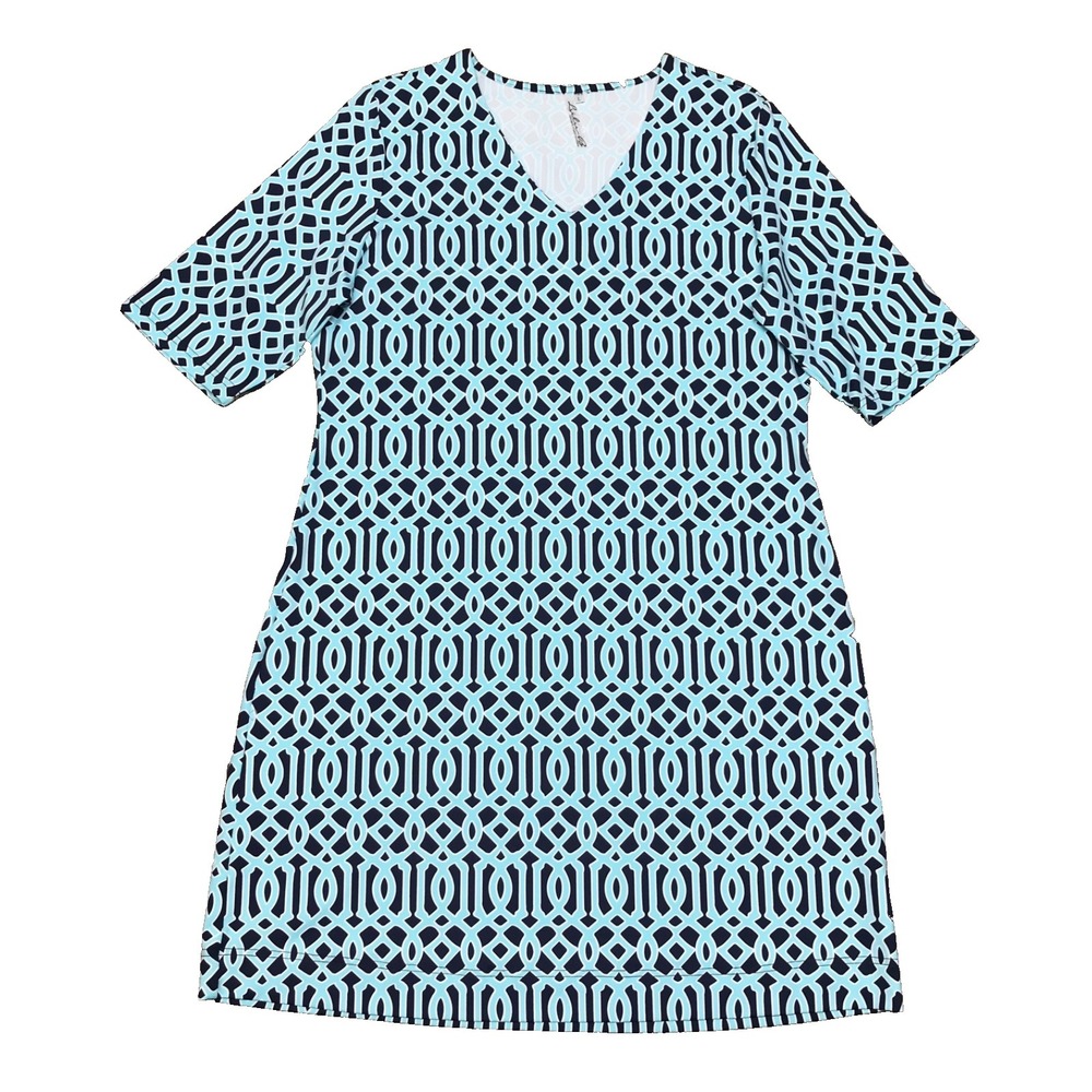 Lulu B Dress Womens Size L Blue Printed V-Neck Geometric Shift Stretch Beach - Picture 1 of 10